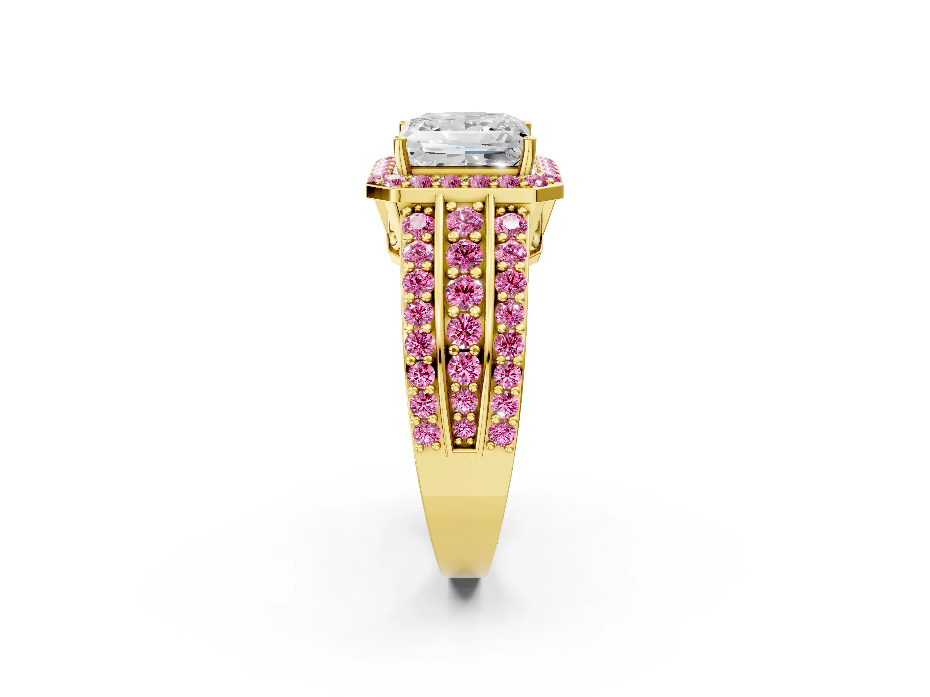 Yellow gold Princess Cut Halo Diamond Ring with Round with Pink Sapphire side stone Split Shank and Prong Setting_2