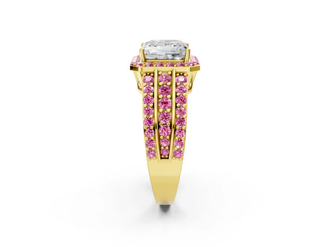Yellow gold Princess Cut Halo Diamond Ring with Round with Pink Sapphire side stone Split Shank and Prong Setting_2