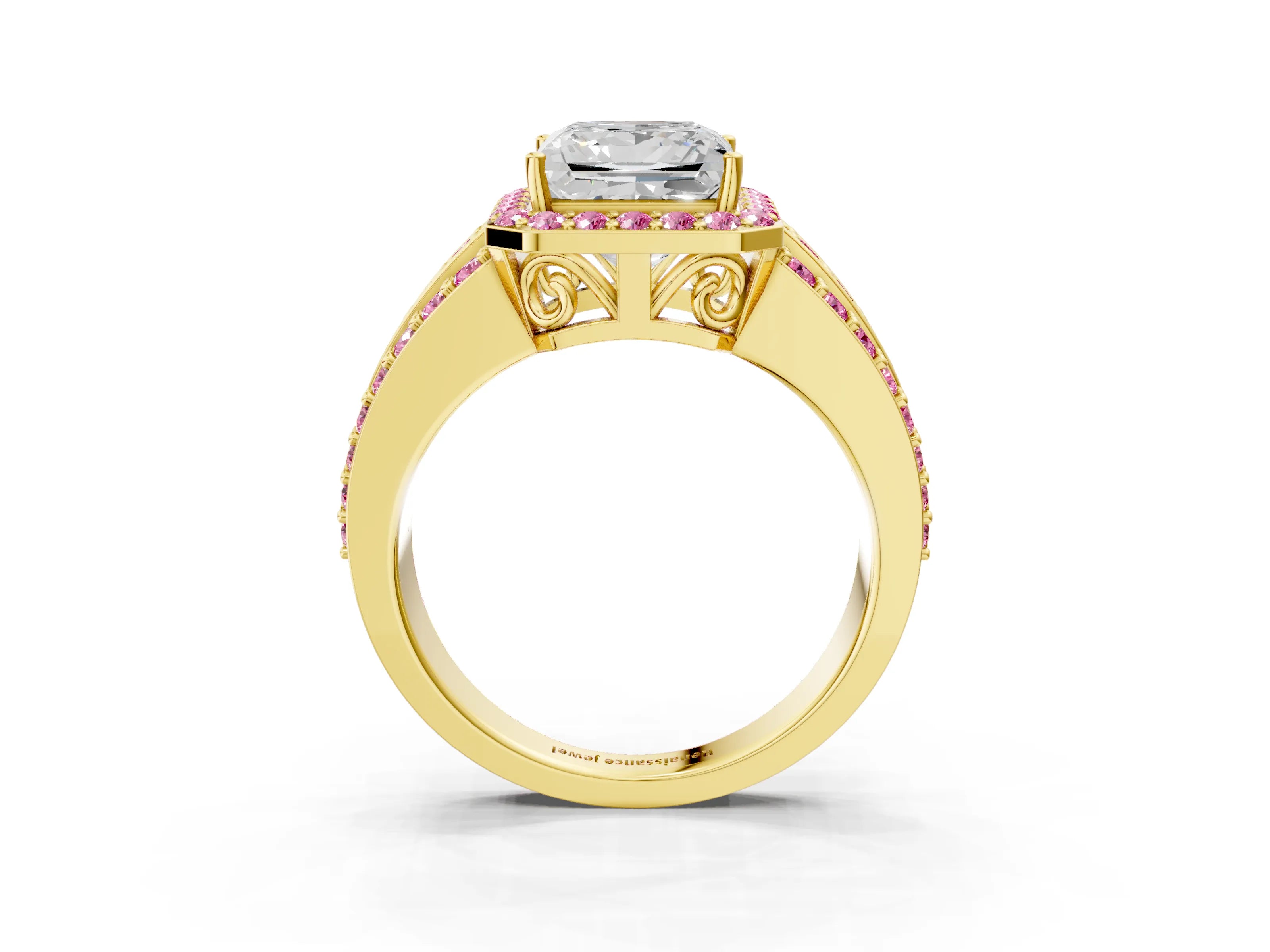 Yellow gold Princess Cut Halo Diamond Ring with Round with Pink Sapphire side stone Split Shank and Prong Setting_3