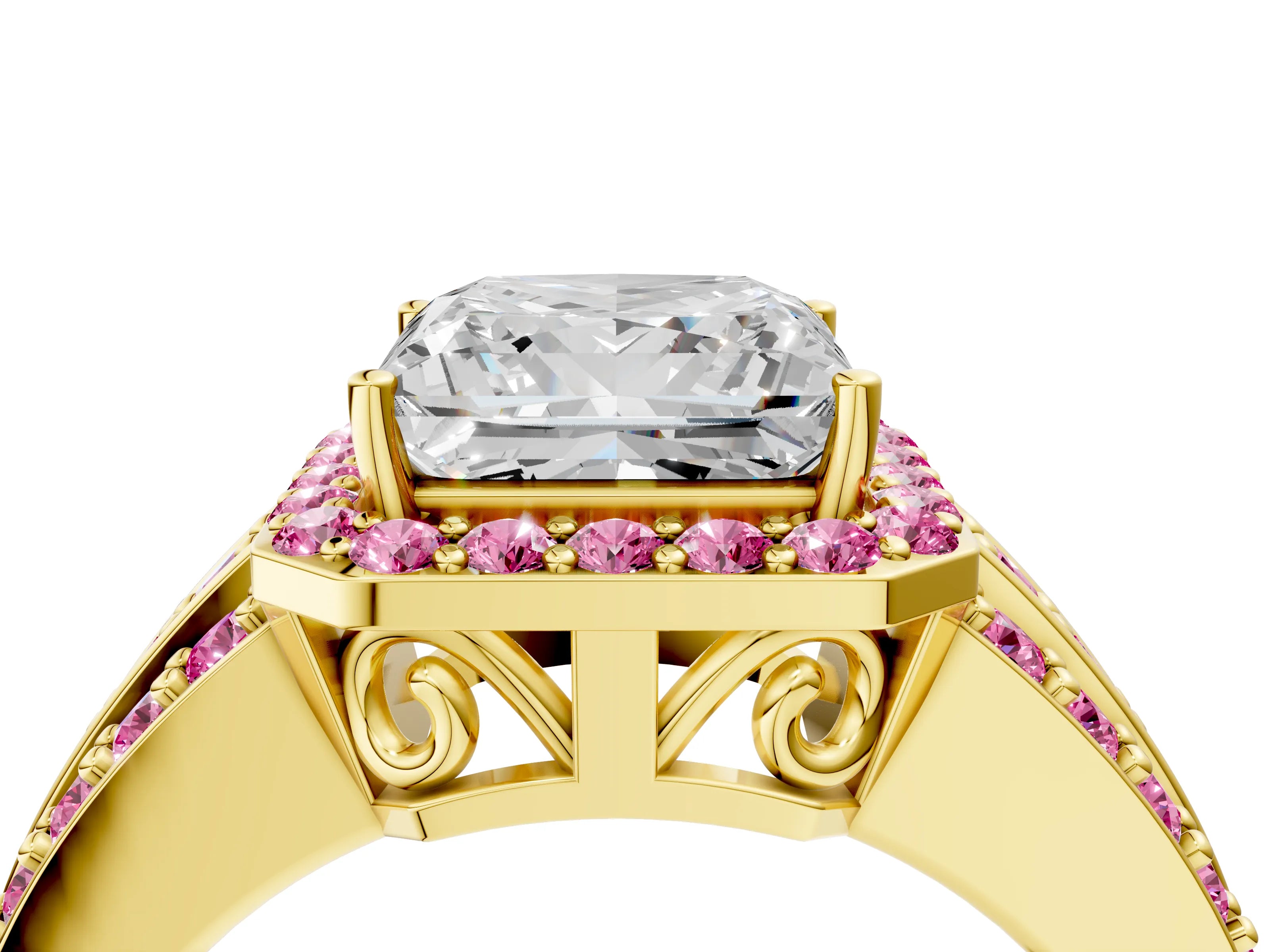 Yellow gold Princess Cut Halo Diamond Ring with Round with Pink Sapphire side stone Split Shank and Prong Setting_4