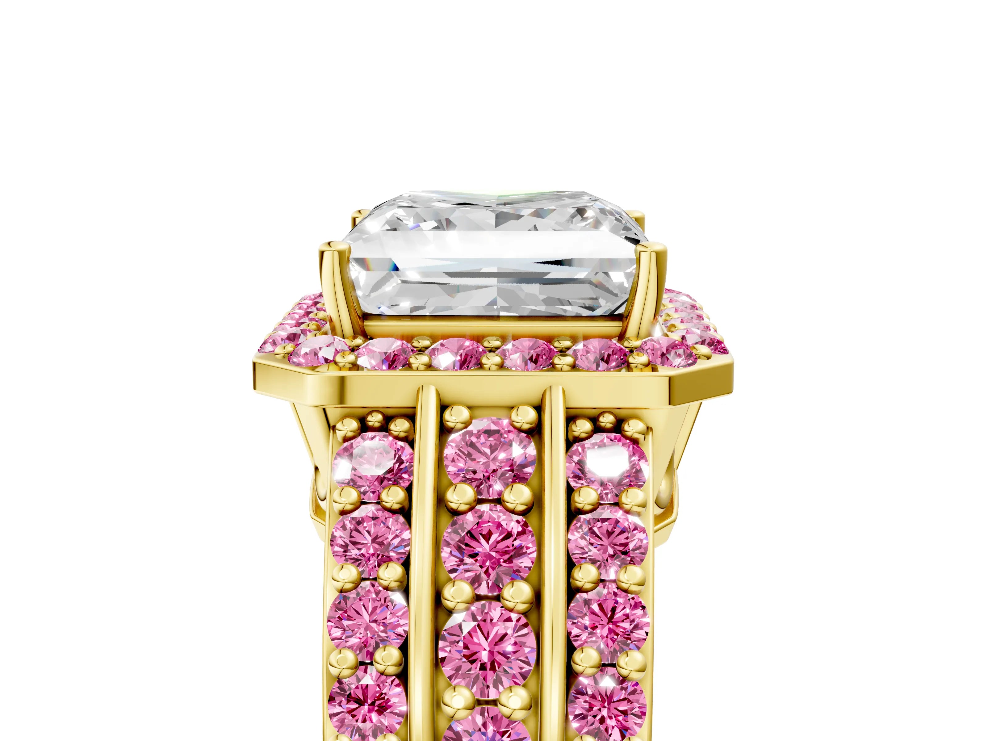 Yellow gold Princess Cut Halo Diamond Ring with Round with Pink Sapphire side stone Split Shank and Prong Setting_5