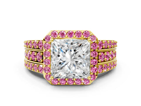 Yellow gold Princess Cut Halo Diamond Ring with Round with Pink Sapphire side stone Split Shank and Prong Setting