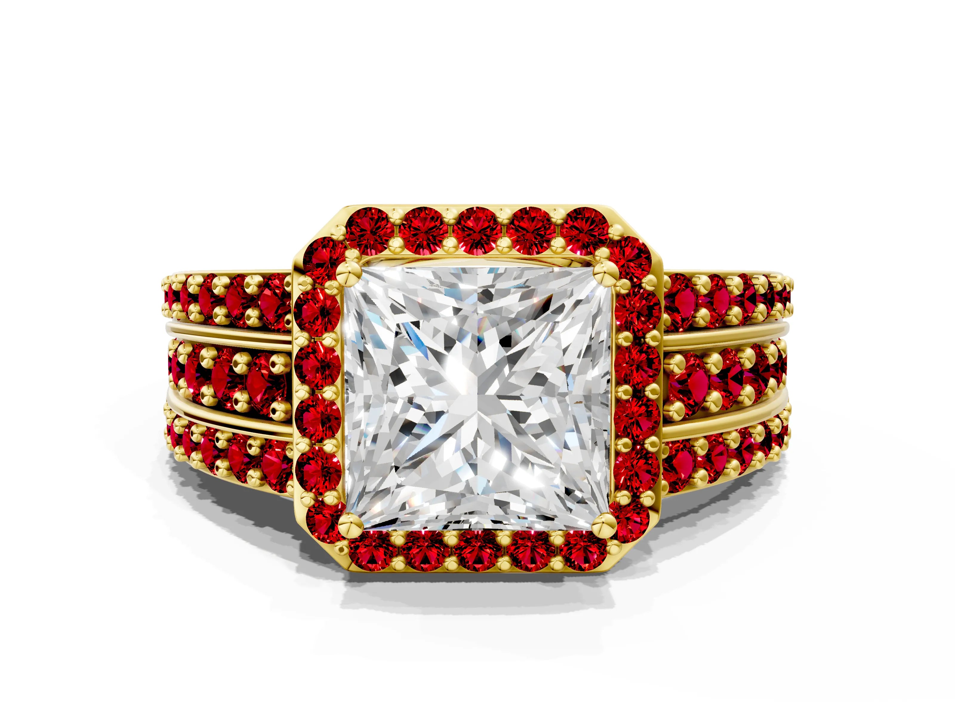 Yellow gold Princess Cut Halo Diamond Ring with Round with Ruby side stone Split Shank and Prong Setting