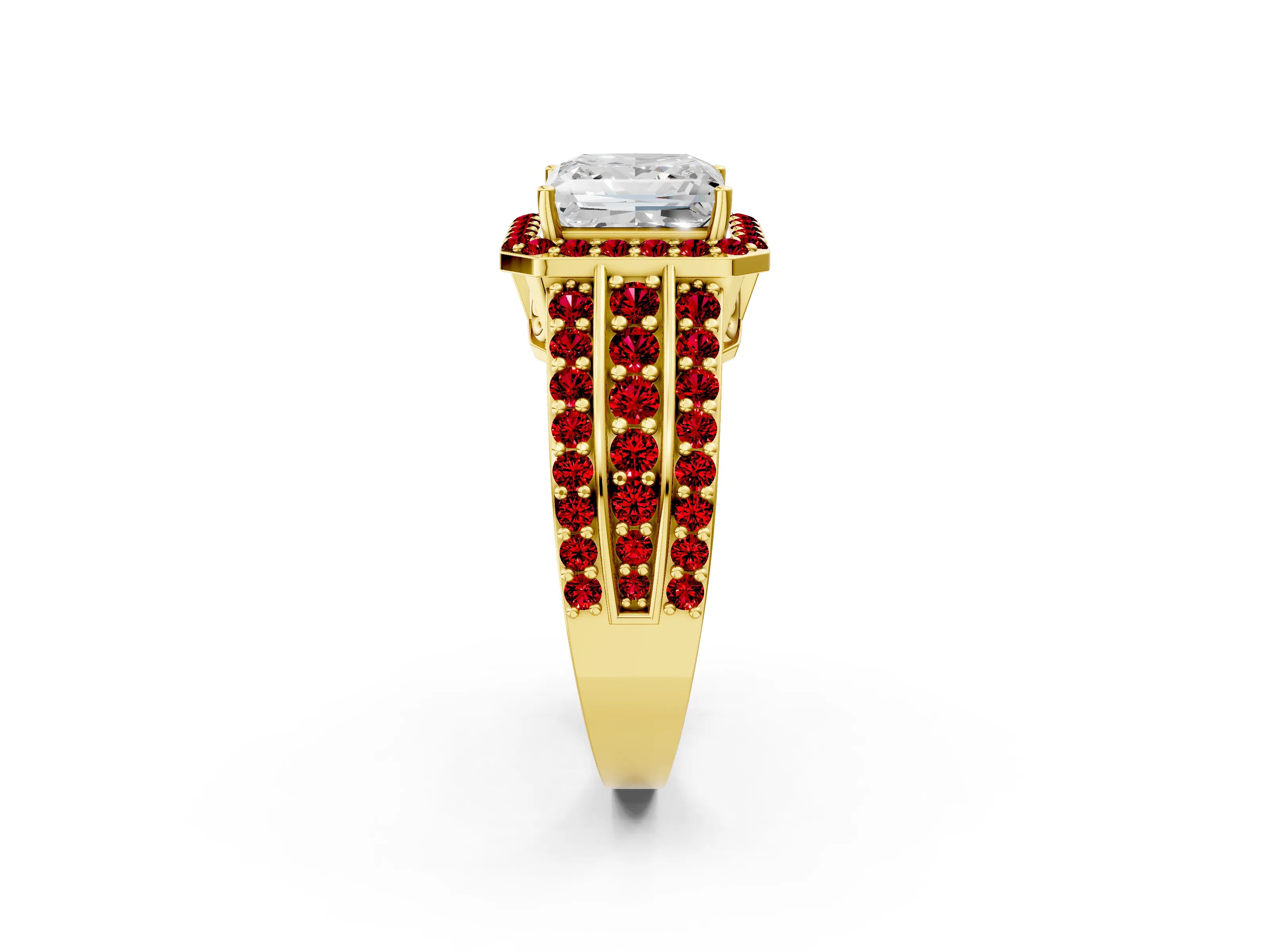 Yellow gold Princess Cut Halo Diamond Ring with Round with Ruby side stone Split Shank and Prong Setting_2