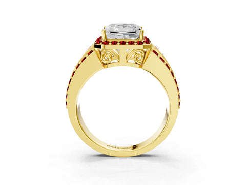 Yellow gold Princess Cut Halo Diamond Ring with Round with Ruby side stone Split Shank and Prong Setting_3