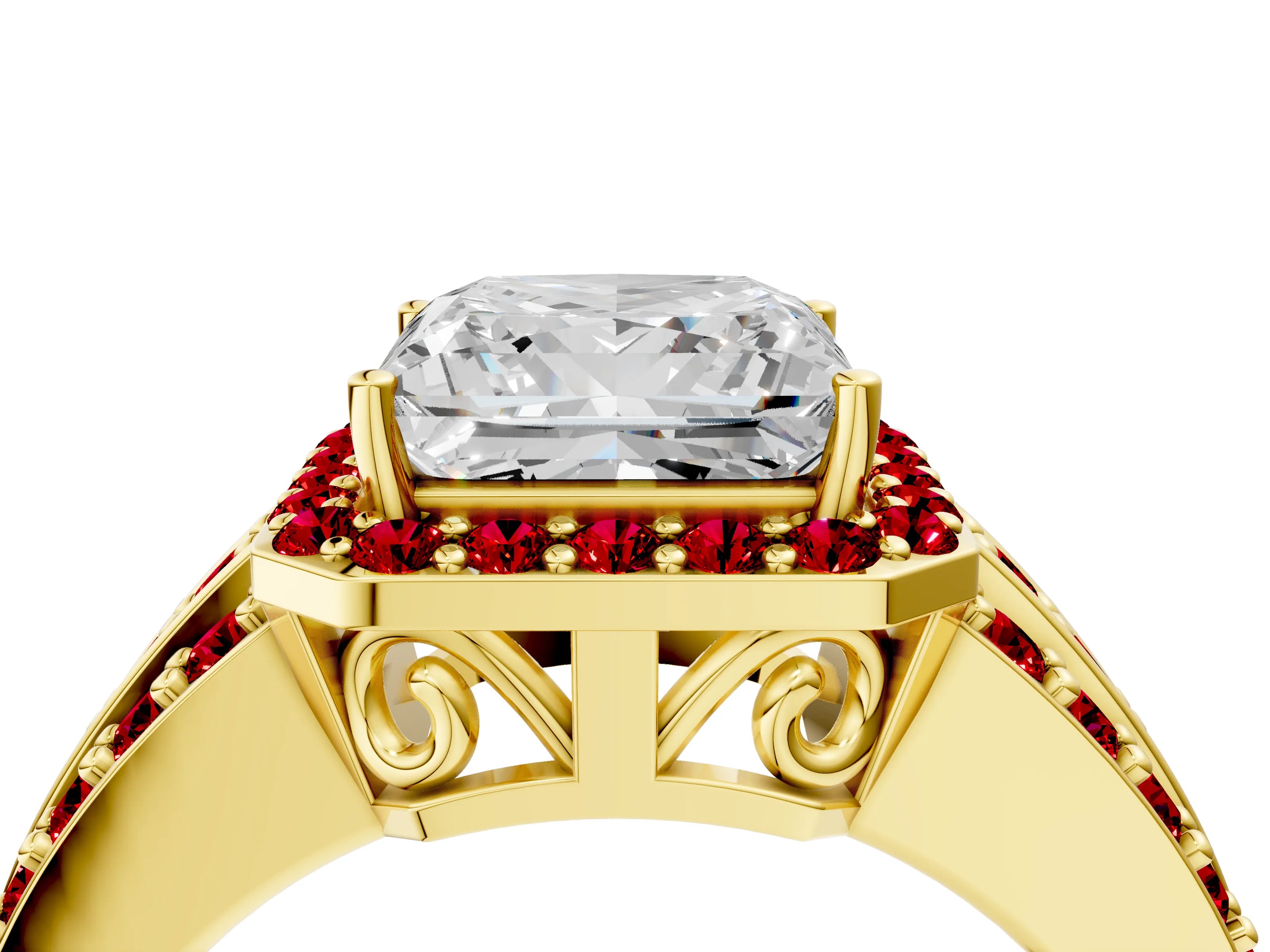 Yellow gold Princess Cut Halo Diamond Ring with Round with Ruby side stone Split Shank and Prong Setting_4