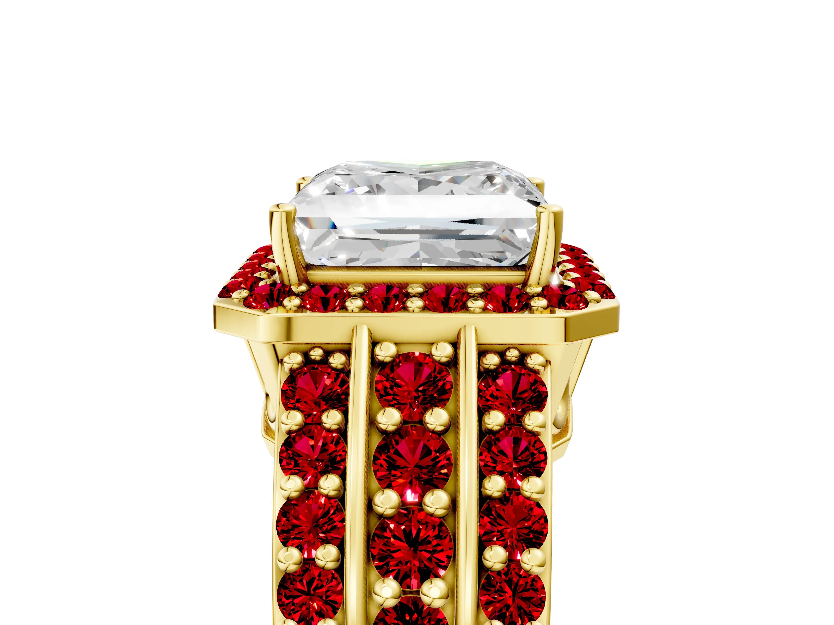 Yellow gold Princess Cut Halo Diamond Ring with Round with Ruby side stone Split Shank and Prong Setting_5