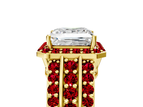 Yellow gold Princess Cut Halo Diamond Ring with Round with Ruby side stone Split Shank and Prong Setting_5
