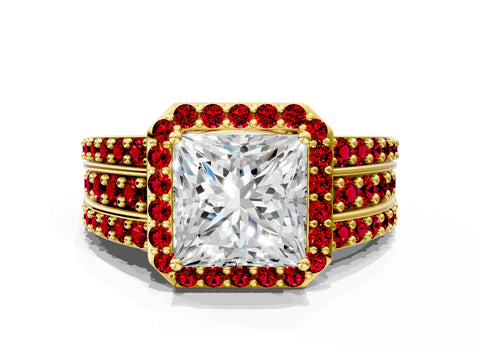 Yellow gold Princess Cut Halo Diamond Ring with Round with Ruby side stone Split Shank and Prong Setting