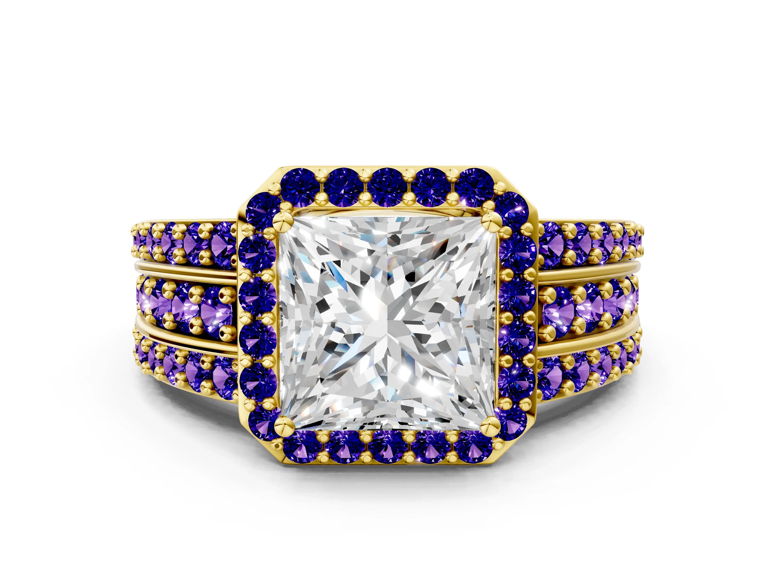 Yellow gold Princess Cut Halo Diamond Ring with Round with Tanzanite side stone Split Shank and Prong Setting