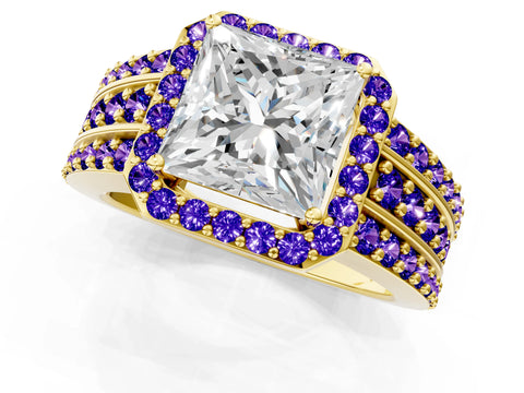 Yellow gold Princess Cut Halo Diamond Ring with Round with Tanzanite side stone Split Shank and Prong Setting_1