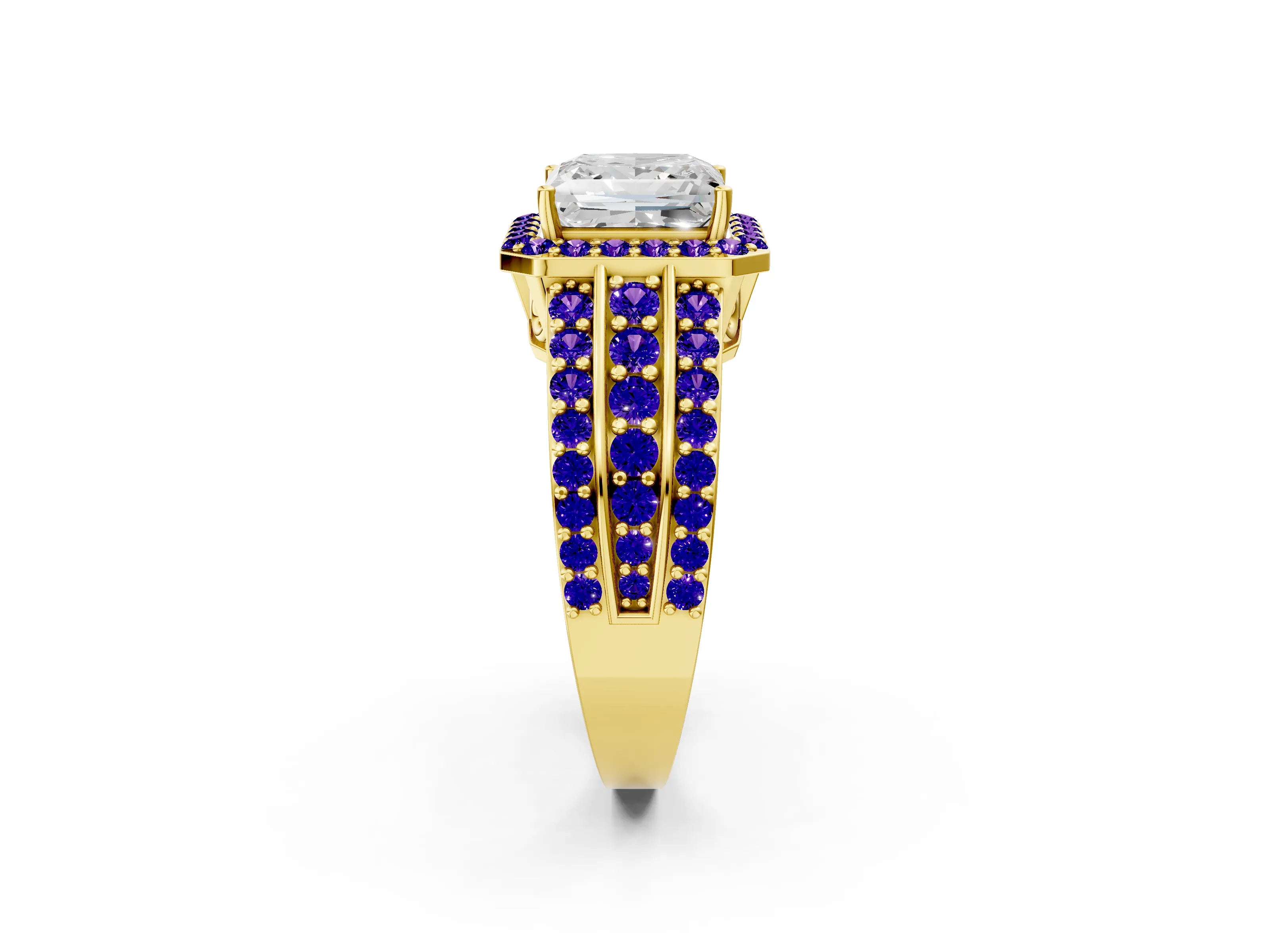 Yellow gold Princess Cut Halo Diamond Ring with Round with Tanzanite side stone Split Shank and Prong Setting_2