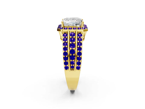 Yellow gold Princess Cut Halo Diamond Ring with Round with Tanzanite side stone Split Shank and Prong Setting_2