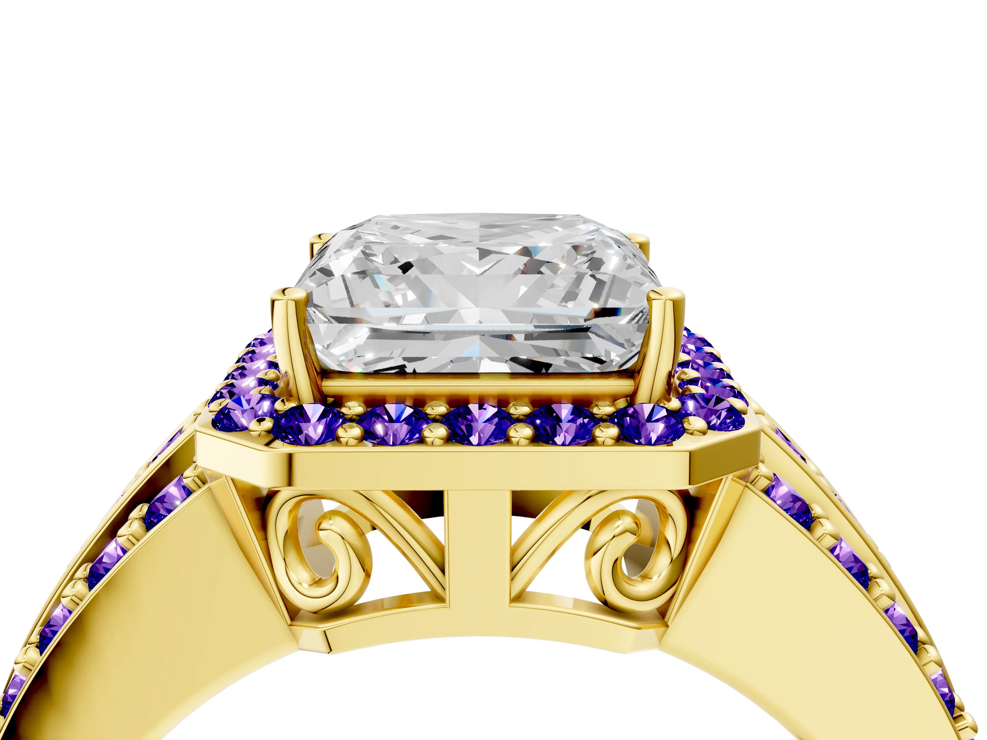 Yellow gold Princess Cut Halo Diamond Ring with Round with Tanzanite side stone Split Shank and Prong Setting_4
