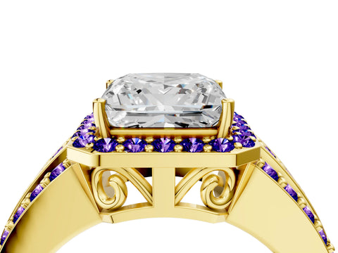 Yellow gold Princess Cut Halo Diamond Ring with Round with Tanzanite side stone Split Shank and Prong Setting_4