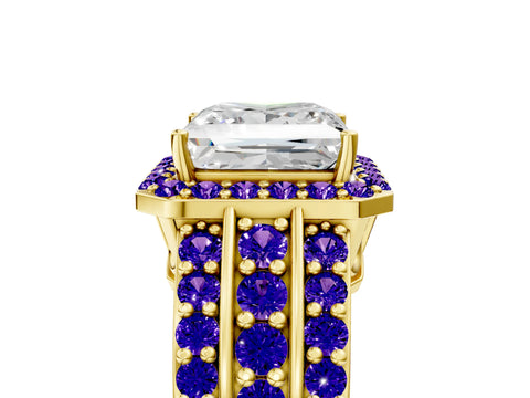 Yellow gold Princess Cut Halo Diamond Ring with Round with Tanzanite side stone Split Shank and Prong Setting_5