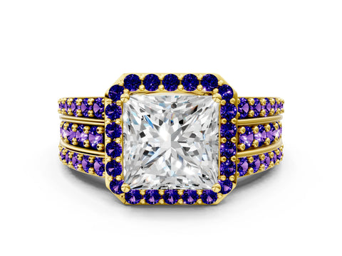 Yellow gold Princess Cut Halo Diamond Ring with Round with Tanzanite side stone Split Shank and Prong Setting
