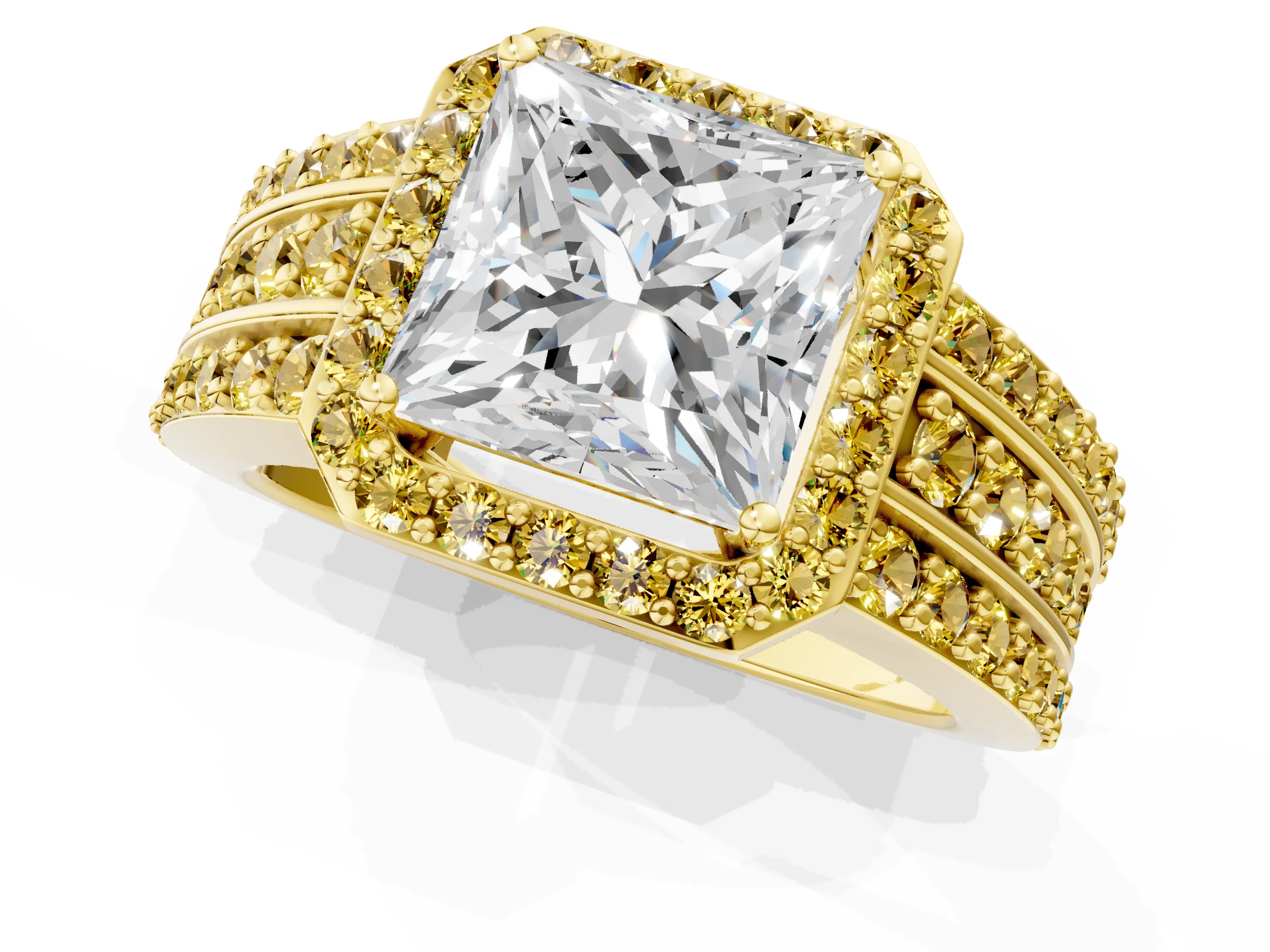 Yellow gold Princess Cut Halo Diamond Ring with Round with Yellow Sapphire side stone Split Shank and Prong Setting_1