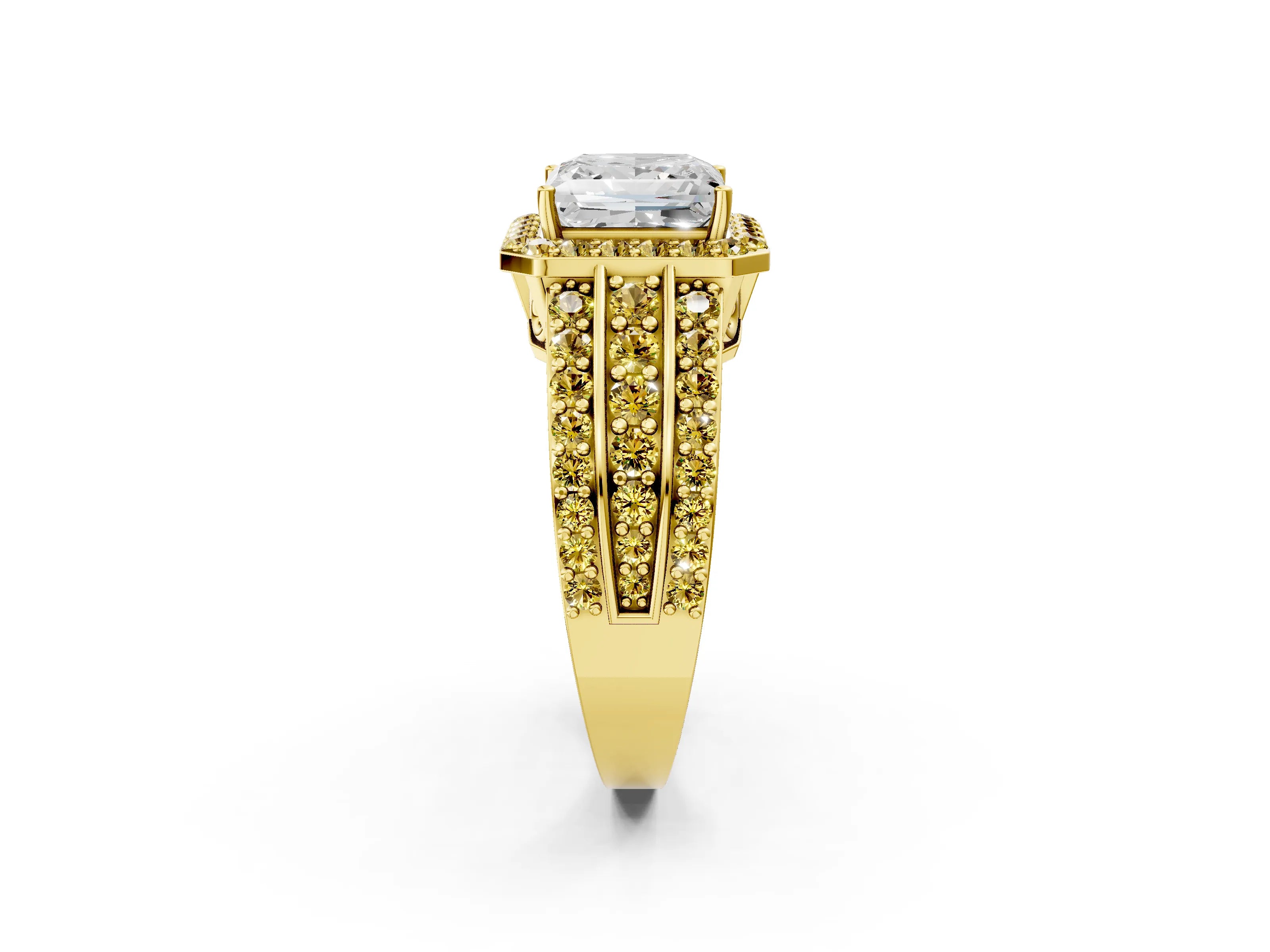 Yellow gold Princess Cut Halo Diamond Ring with Round with Yellow Sapphire side stone Split Shank and Prong Setting_2
