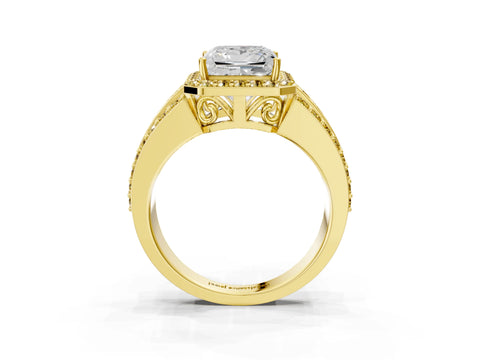 Yellow gold Princess Cut Halo Diamond Ring with Round with Yellow Sapphire side stone Split Shank and Prong Setting_3
