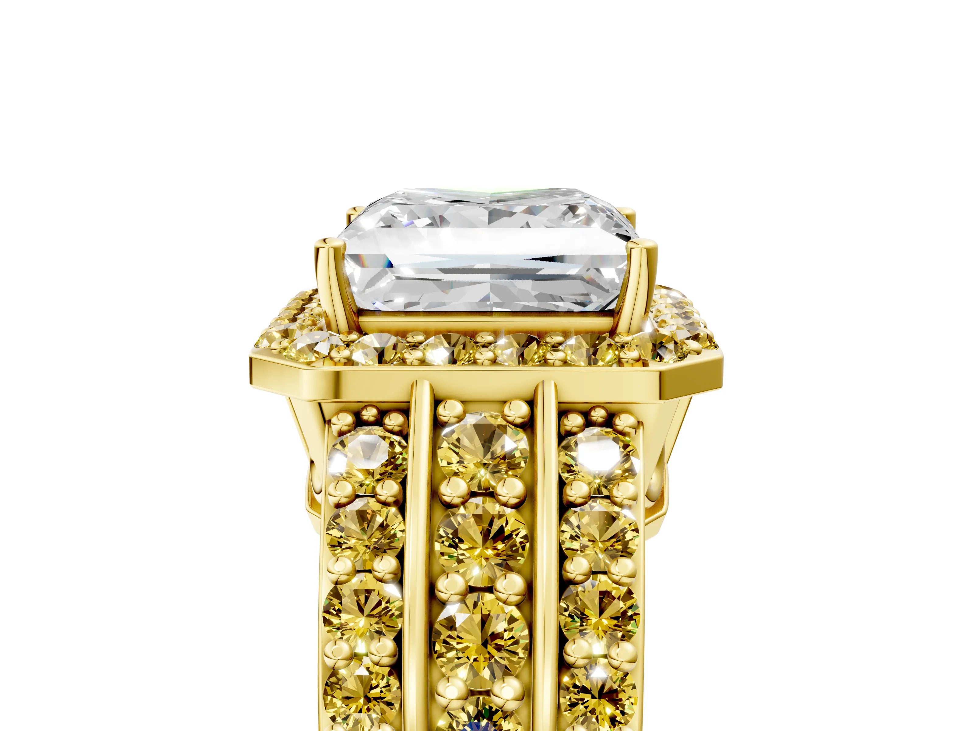 Yellow gold Princess Cut Halo Diamond Ring with Round with Yellow Sapphire side stone Split Shank and Prong Setting_5