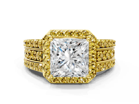 Yellow gold Princess Cut Halo Diamond Ring with Round with Yellow Sapphire side stone Split Shank and Prong Setting