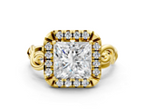 Yellow gold Princess Cut Halo Diamond Ring with Scrollwork Band and Four-Prong Setting_57