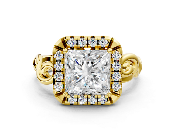 Yellow gold Princess Cut Halo Diamond Ring with Scrollwork Band and Four-Prong Setting