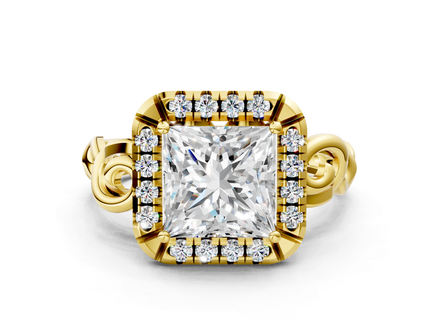 Yellow gold Princess Cut Halo Diamond Ring with Scrollwork Band and Four-Prong Setting