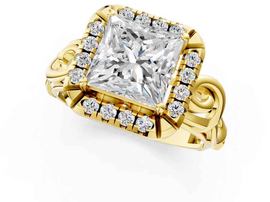 Yellow gold Princess Cut Halo Diamond Ring with Scrollwork Band and Four-Prong Setting