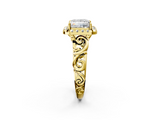 Yellow gold Princess Cut Halo Diamond Ring with Scrollwork Band and Four-Prong Setting_59