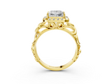 Yellow gold Princess Cut Halo Diamond Ring with Scrollwork Band and Four-Prong Setting_60