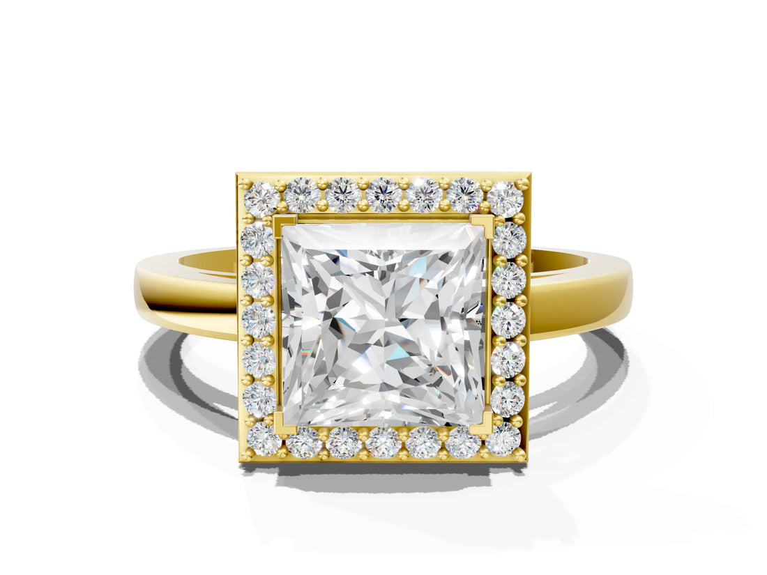 Yellow gold Princess Cut Halo Diamond Ring with Solitaire Band and Prong Setting_13