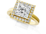 Yellow gold Princess Cut Halo Diamond Ring with Solitaire Band and Prong Setting_14