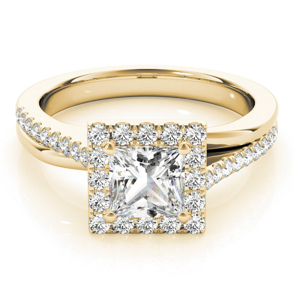 Yellow gold Princess Cut Halo Diamond Ring with Split Shank and Four-Prong Setting 1
