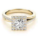 Yellow gold Princess Cut Halo Diamond Ring with Split Shank and Four-Prong Setting 1
