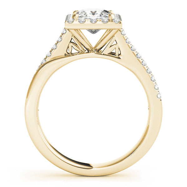 Yellow gold Princess Cut Halo Diamond Ring with Split Shank and Four-Prong Setting 2