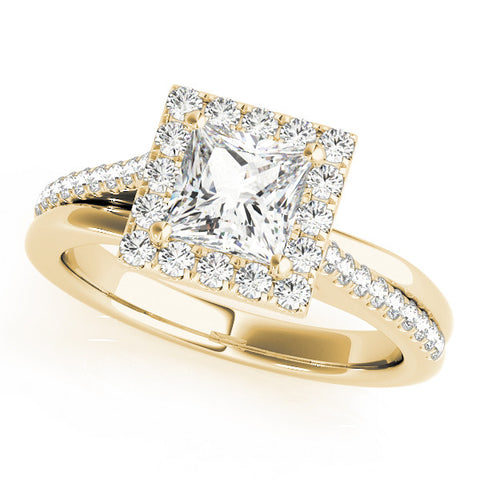 Yellow gold Princess Cut Halo Diamond Ring with Split Shank and Four-Prong Setting