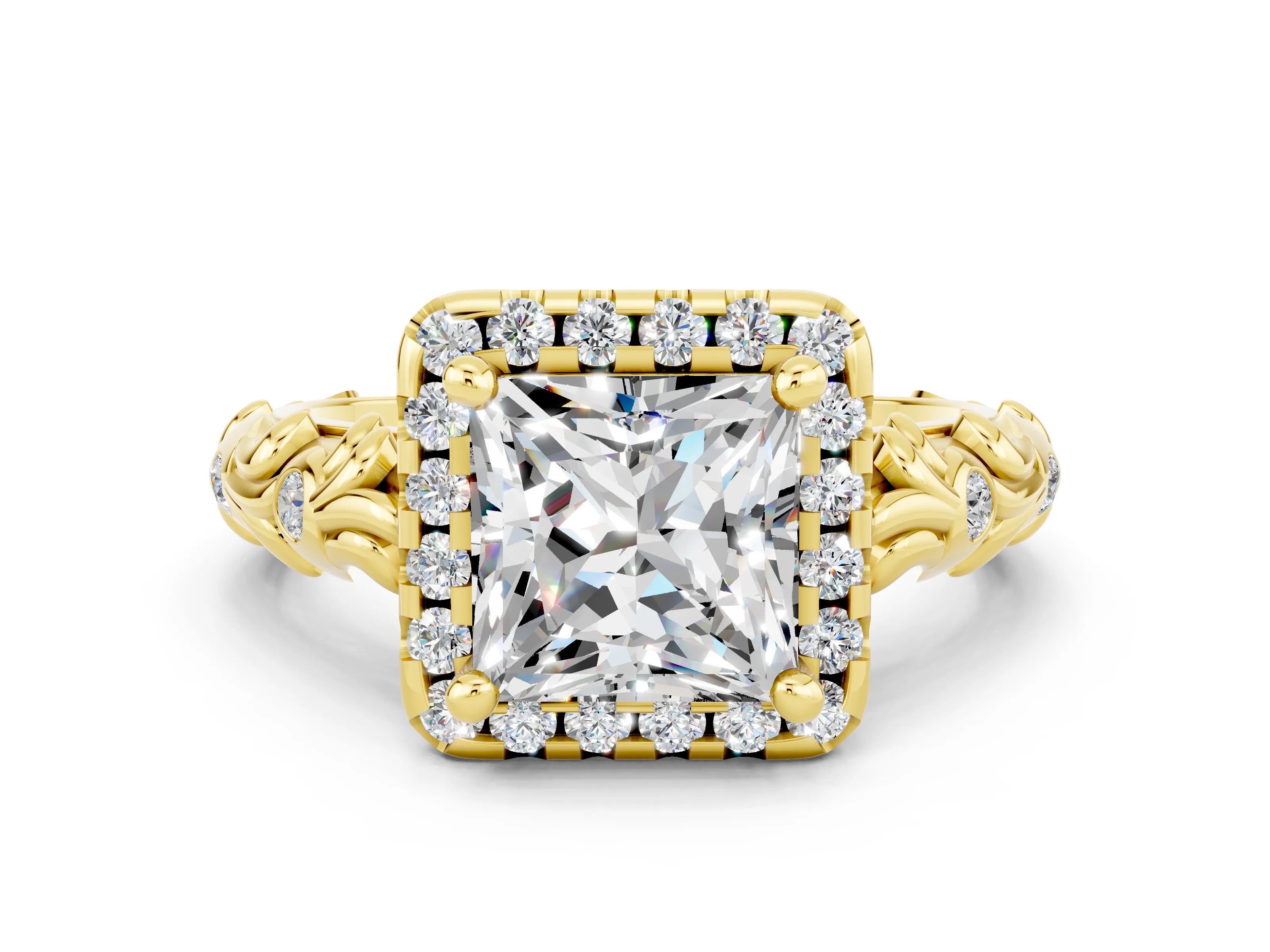 Yellow gold Princess Cut Halo Diamond Solitaire with Filigree Band and Four-Prong Setting
