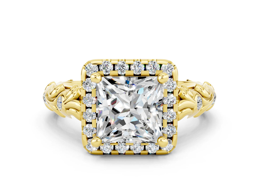 Yellow gold Princess Cut Halo Diamond Solitaire with Filigree Band and Four-Prong Setting