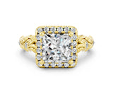 Yellow gold Princess Cut Halo Diamond Solitaire with Filigree Band and Four-Prong Setting