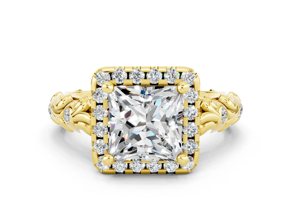 Yellow gold Princess Cut Moissanite Halo Ring with Filigree Band and Prong Setting