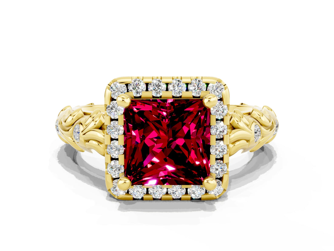 Yellow gold Princess Cut Halo Diamond Solitaire with Filigree Band and Four-Prong Setting