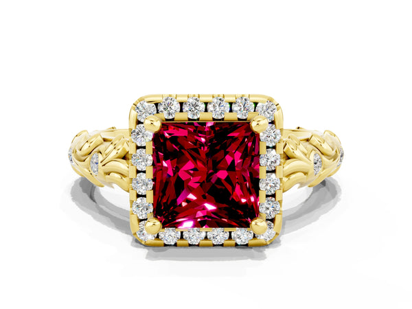 Yellow gold Princess Cut Garnet Halo Ring with Filigree Band and Prong Setting