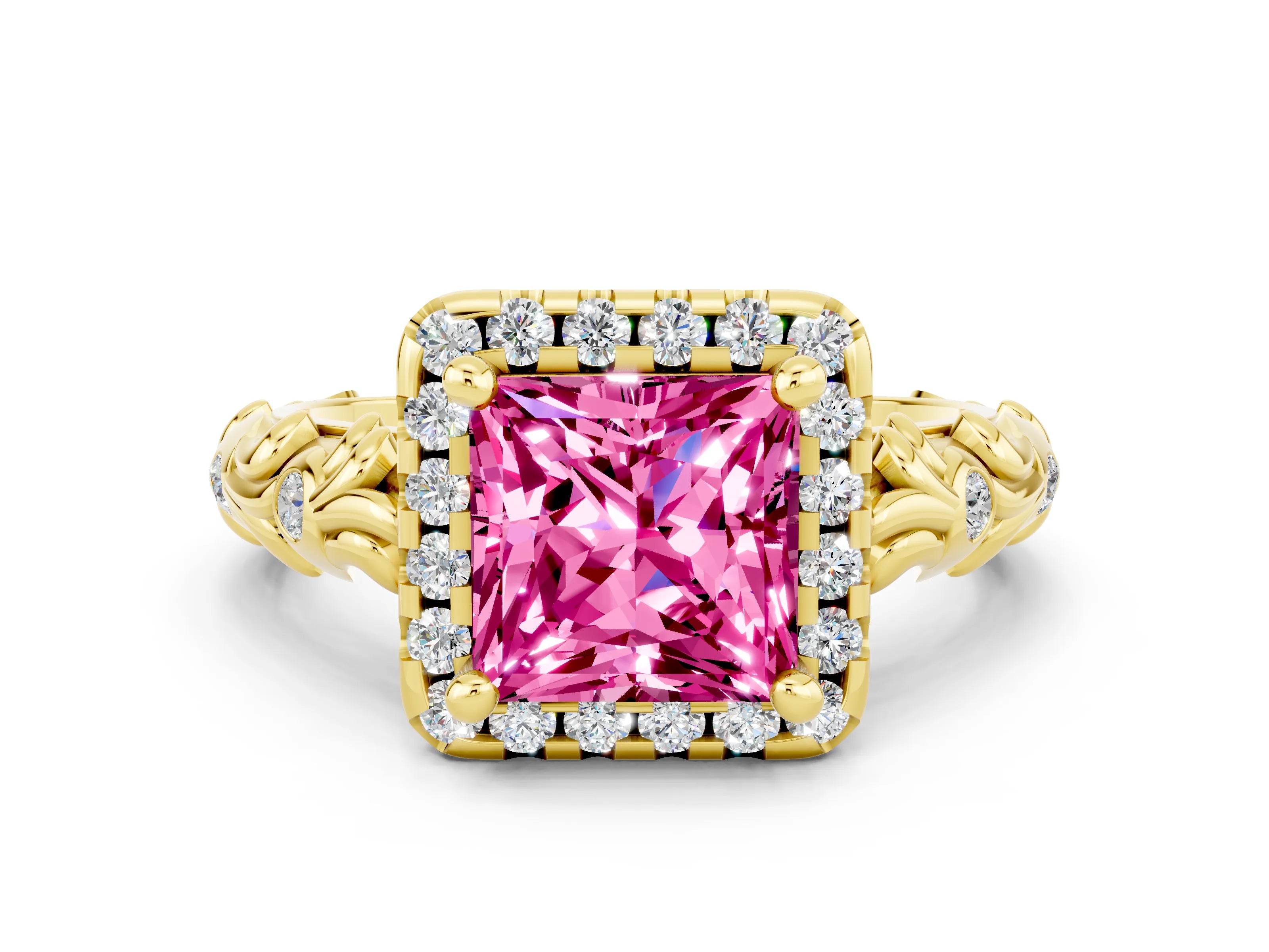 Yellow gold Princess Cut Halo Diamond Solitaire with Filigree Band and Four-Prong Setting