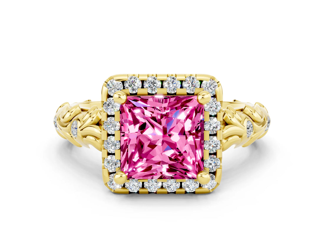 Yellow gold Princess Cut Halo Diamond Solitaire with Filigree Band and Four-Prong Setting