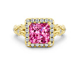 Yellow gold Princess Cut Halo Diamond Solitaire with Filigree Band and Four-Prong Setting