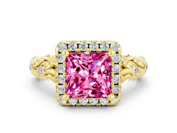Yellow gold Princess Cut Pink Sapphire Halo Ring with Filigree Band and Prong Setting