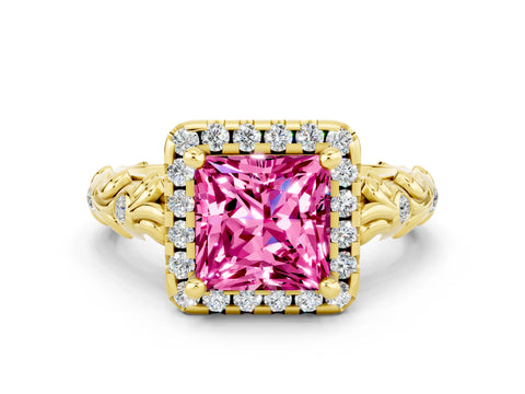 Yellow gold Princess Cut Halo Diamond Solitaire with Filigree Band and Four-Prong Setting