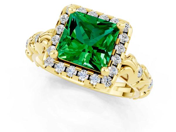 Yellow gold Princess Cut Emerald Halo Ring with Filigree Band and Prong Setting
